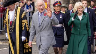 King Charles III and Camilla, Queen Consort attend a welcoming ceremony at Micklegate Bar where, traditionally, The Sovereign is welcomed to the city during an official visit to Yorkshire on November 09, 2022 in York, England.