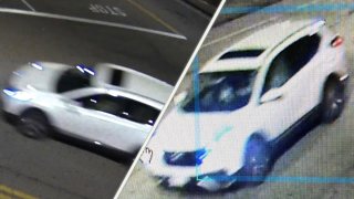 Two images of a white SUV driving down a dark road