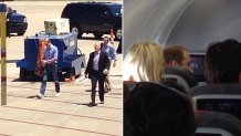 Prince William arriving at a flight in Memphis and on board the plane in May 2014.