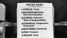 Close-up of a sign that reads, in part, 'Nguzo Saba, Seven Principles of Kwanza,' in a class at the Smithsonian Institution's Anacostia Neighborhood Museum, Washington DC, September 1976. Kwanza, observed each year from December 26 to January 1, is a celebration of African heritage and culture. The museum, founded in 1967 in the Carver Movie Theater, was relocated in 1987. (Photo by Ann E. Zelle/Getty Images)