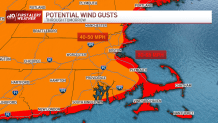 A map showing the potential for strong wind gusts across Boston, Massachusetts and parts of New England as a storm hits the region on Friday, Dec. 23, 2022.