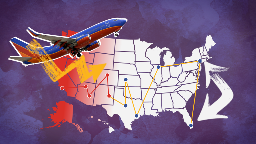 Southwest Airlines plane over a map of the United States