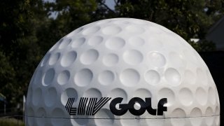 Signage on a golf ball at the LIV golf tournament on Thursday, Sept. 15, 2022, at Rich Harvest Farms in Sugar Grove, Illinois.