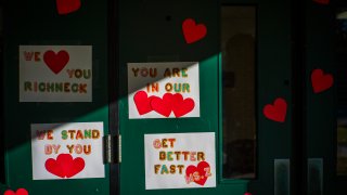 Messages of support for teacher Abby Zwerner, who was shot by a 6 year old student, grace the front door of Richneck Elementary School Newport News, Va. on Monday Jan. 9, 2023.