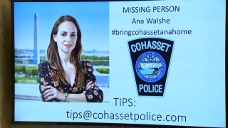 A missing person poster for Ana Walshe at Cohasset police headquarters on Jan. 6, 2023.