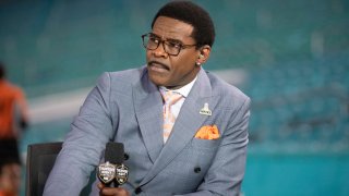 FILE - NFL Network analyst Michael Irvin speaks on air during the NFL Network's NFL GameDay Kickoff broadcast before the start of an NFL football game between the Baltimore Ravens and the Miami Dolphins, on Nov. 11, 2021, in Miami Gardens, Fla. Irvin has been pulled from the remainder of NFL Network's Super Bowl week coverage after a complaint about Irvin's behavior in a hotel Sunday night, Feb. 5, 2023.