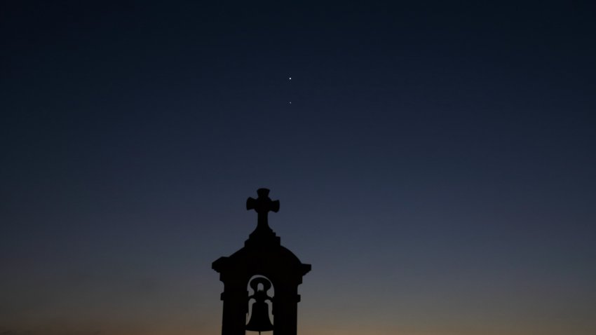 The conjunction between Venus and Jupiter, is seen in Lugo, Galicia, Spain, on March 3, 2023.