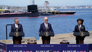 President Joe Biden speaks after meeting with British Prime Minister Rishi Sunak, right, and Australian Prime Minister Anthony Albanese at Naval Base Point Loma, March 13, 2023, in San Diego.