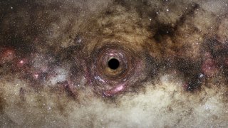 An artist’s rendering of a black hole drifting through the Milky Way.