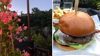 The exterior, plus a burger, at The Quarry in Hingham, Massachusetts.