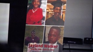 FILE – This is a poster on the stage during a news conference following the funeral service for Jayland Walker at the Akron Civic Center in Akron, Ohio, July 13, 2022.