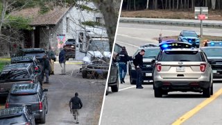 Police investigate a home where four was found shot to death in Bowdoin, Maine, left, April 18, 2023. The deaths were linked to a shooting on I-295 in Yarmouth, 25 miles away, where three others were injured.