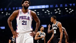 NEW YORK, NEW YORK – APRIL 20: Joel Embiid #21 of the Philadelphia 76ers reacts against the Brooklyn Nets during the first half of Game Three of the Eastern Conference First Round Playoffs at Barclays Center on April 20, 2023 in the Brooklyn borough of New York City. NOTE TO USER: User expressly acknowledges and agrees that, by downloading and or using this photograph, User is consenting to the terms and conditions of the Getty Images License Agreement. (Photo by Sarah Stier/Getty Images)