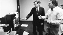 Ex-mayor/news anchorman/talk show host Jerry Springer (L) w. his exec. producer Burt Dubrow looking at TV monitor as they review a taped portion of The Jerry Springer Show at the NBC studio.    (Photo by Steve Kagan/Getty Images)