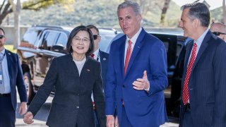 House Speaker Kevin McCarthy, R-Calif., second from right, welcomes Taiwanese President Tsai Ing-wen as she arrives at the Ronald Reagan Presidential Library in Simi Valley, Calif., April 5, 2023.
