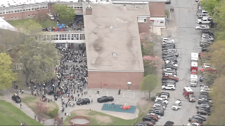 Students were evacuated from Stacy Middle School in Milford, Massachusetts, on Wednesday, April 26, 2023.