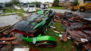 Damage is seen after a tornado hit Saturday, May 13, 2023, in the unincorporated community of Laguna Heights, Texas near South Padre Island. Authorities say one person was killed when a tornado struck the southernmost tip of Texas on the Gulf coast.