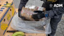 In this image taken from a video provided by the Italian Finance Police, an Italian finance police officer holds bags of cocaine that were found hidden in a container loaded with bananas, at the port of Gioia Tauro, southern Italy, Tuesday, May 16, 2023. The finance police say they have seized a shipment of more than 2,700 kilos (about 3 tons) of cocaine hidden under some 70 tons of bananas in two containers shipped by sea from Ecuador, that could have brought traffickers  a potential value of more than 800 million euros (0 million) in street sales. (Guardia di Finanza via AP)