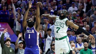 PHILADELPHIA, PENNSYLVANIA – MAY 07: James Harden #1 of the Philadelphia 76ers watches his game winning three point basket against Jaylen Brown #7 of the Boston Celtics during overtime in game four of the Eastern Conference Second Round Playoffs at Wells Fargo Center on May 07, 2023 in Philadelphia, Pennsylvania. NOTE TO USER: User expressly acknowledges and agrees that, by downloading and or using this photograph, User is consenting to the terms and conditions of the Getty Images License Agreement. (Photo by Tim Nwachukwu/Getty Images)