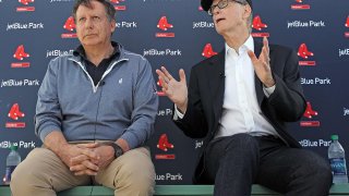 Boston Red Sox Chairman Tom Werner and owner John Henry speak to the media during spring training at the Player Development Complex on Feb. 19, 2018.