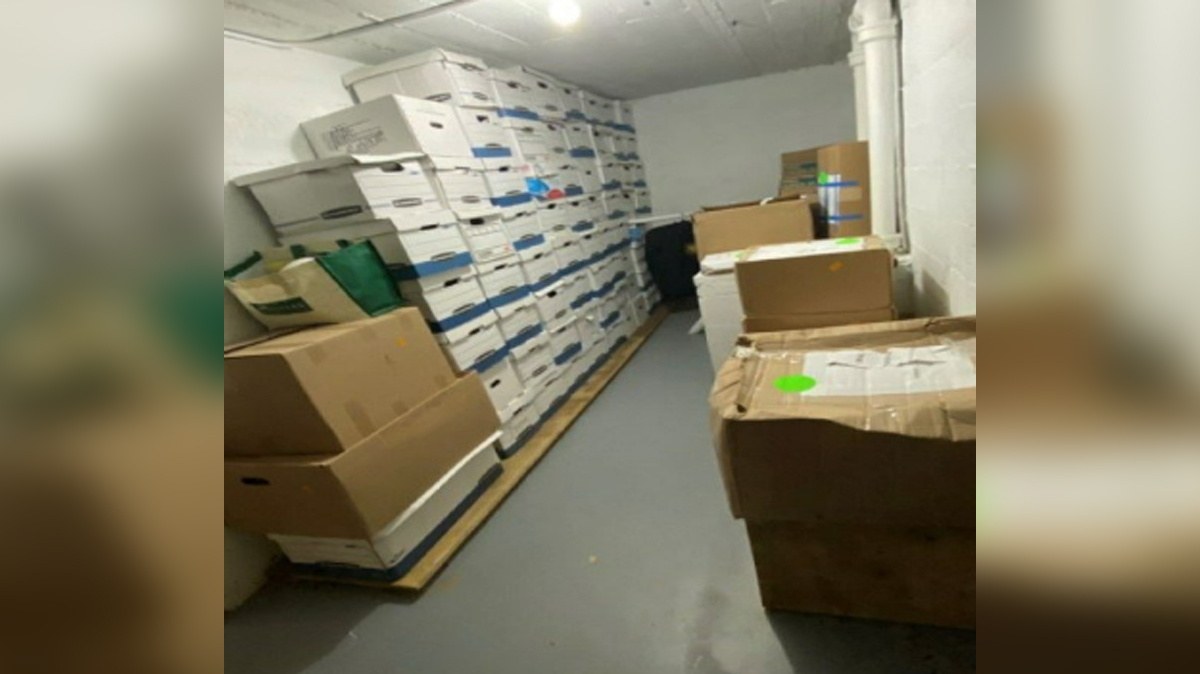 Stacks of boxes allegedly containing classified documents are seen in Mar-a-Lago’s ground floor storage room, having been moved from the Lake Room on June 24, 2021.