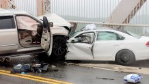 Two of the five cars involved in a major crash Saturday on the Sagamore Bridge, that temporarily closed Route 6 in both directions.