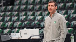 Brad Stevens at TD Garden before a 2022 playoff game.