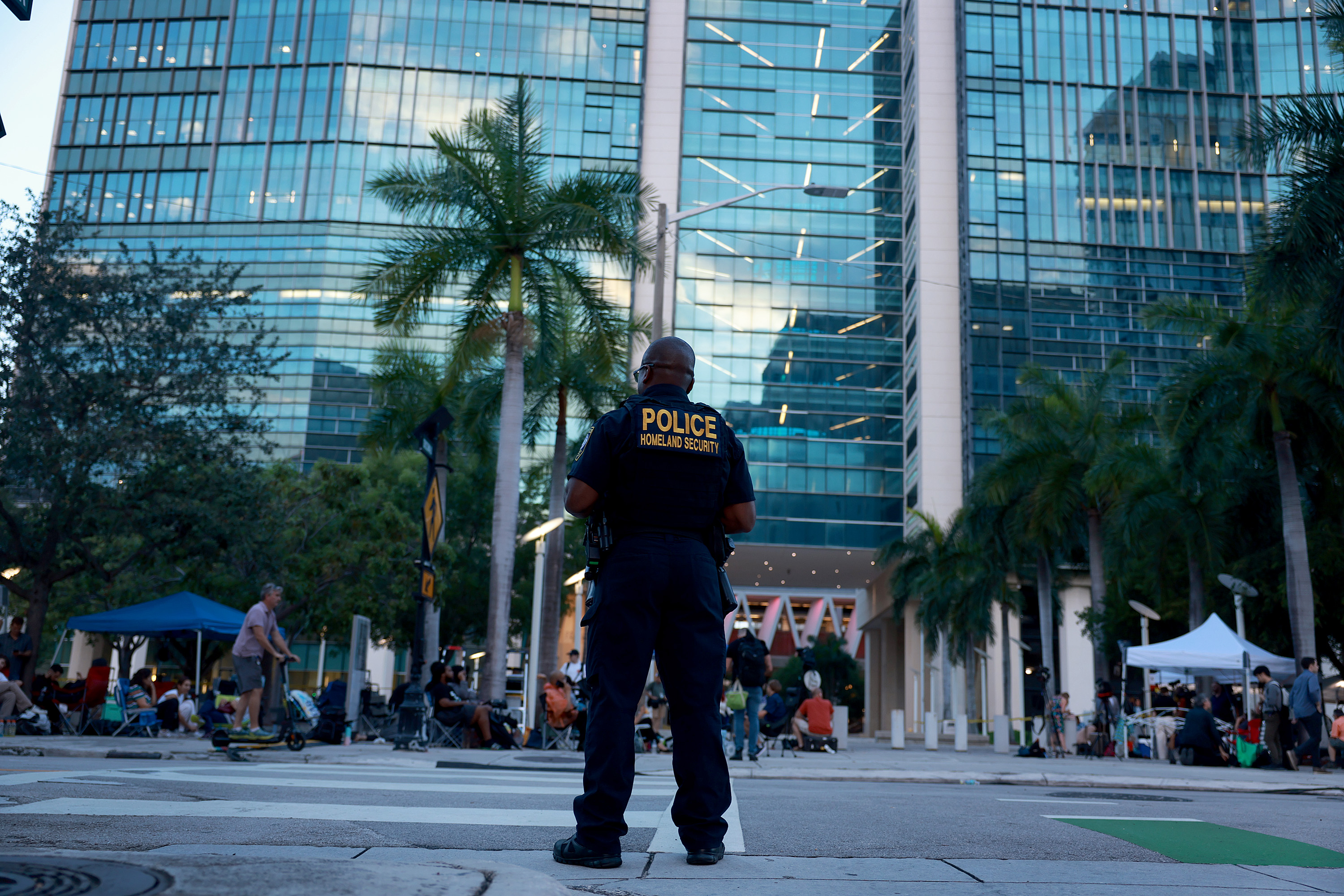 A Department of Homeland Security police officer stands near the Wilkie D. Ferguson Jr. United States Federal Courthouse before the arraignment of former President Donald Trump on June 13, 2023 in Miami, Florida.