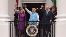 WASHINGTON, DC - JUNE 22: President Joe Biden, Indian Prime Minister Narendra Modi and first lady Jill Biden wave during an arrival ceremony at the White House on June 22, 2023 in Washington, DC. Biden and Prime Minister Modi will participate in a bilateral meeting in the Oval Office, a joint press conference, and a state dinner in the evening. Biden is the first U.S. president to invite Modi for an official state visit. (Photo by Win McNamee/Getty Images)