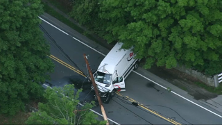 A van after crashing into a pole in Wellesley.