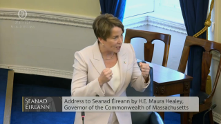Massachusetts Gov. Maura Healey speaking to the Irish Senate on Tuesday, June 27, 2023.