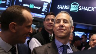 CEO of Shake Shack Randy Garutti (Left) and founder and Chairman Danny Meyer are viewed on the floor of the New York Stock Exchange (NYSE) on January 30, 2015 in New York City.