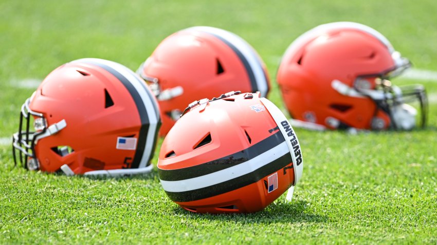 A view of Cleveland Browns helmets during the Cleveland Browns mandatory veteran minicamp at CrossCountry Mortgage Campus on June 7, 2023 in Berea, Ohio.