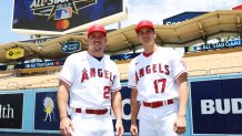 LOS ANGELES, CA - JULY 18: Mike Trout #27 and Shohei Ohtani #17 of the Los Angeles Angels pose for a photo during the Gatorade All-Star Workout Day at Dodger Stadium on Monday, July 18, 2022 in Los Angeles, California. (Photo by Rob Tringali/MLB Photos via Getty Images)