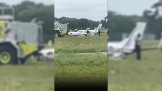 A small plane that crash-landed on Martha's Vineyard after flying from Westchester, New York, on Saturday, July 15, 2023. The pilot experienced a medical emergency, authorities said.