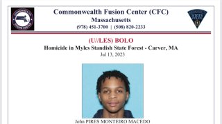 A wanted poster for John Geovanni Pires Monteiromacedo in the investigation into a fatal shooting at Myles Standish State Forest in Plymouth, Massachusetts, on Wednesday, July 12, 2023.
