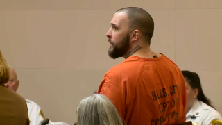 Adam Montgomery speaks in Hillsborough Superior Court on Aug. 7, 2023, denying he killed his daughter, Harmony, as he faced sentencing in a separate weapons trial.