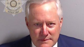 Mark Meadows in a police booking mugshot released by the Fulton County Sheriff’s Office.