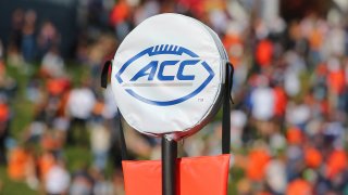 ACC logo on the sidelines during a college football game between the Miami Hurricanes and the Virginia Cavaliers on Oct. 29, 2022, at Scott Stadium in Charlottesville, Va.