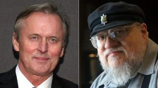 FILE - Author John Grisham appears at the opening night of "A Time To Kill" on Broadway in New York on Oct. 20, 2013, left, and author George R.R. Martin appears in Toronto on March 12, 2012.