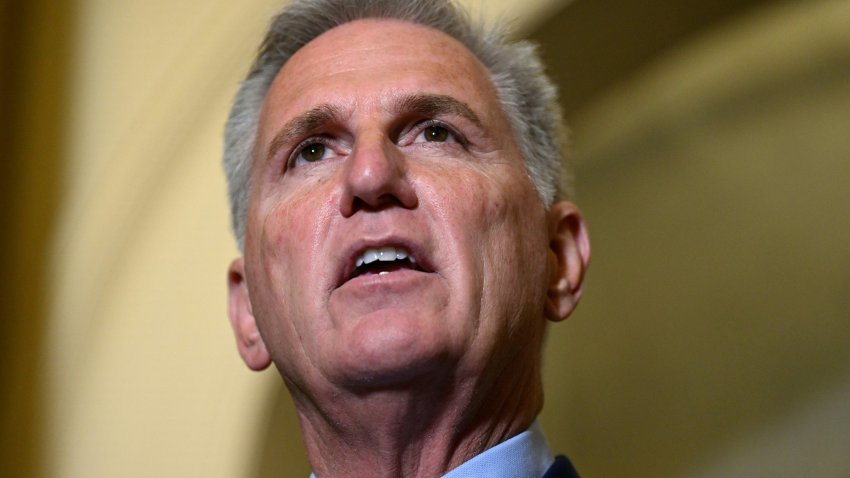 US Speaker of the House Kevin McCarthy (R-CA) speaks to reporters outside of his office at the US Capitol Building on September 12, 2023 in Washington, DC.