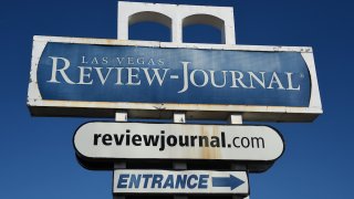 FILE - An exterior view shows the entrance to the Las Vegas Review-Journal newspaper on Dec. 17, 2015 in Las Vegas, Nevada.