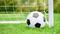 Classic football (soccer) ball on green grass ground in front of white goal with net