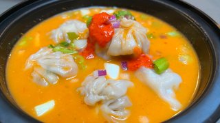 A soupy momo dish at Dumpling Palace in Worcester Public Market in Worcester, Massachusetts.