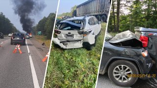 A car on fire on I-95 in Sidney, Maine, and the aftermath of two separate crashes that took place as traffic backed up behind the burning Chrysler.