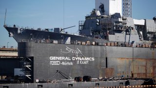 The USS Truxtun (DDG-103) destroyer sits in dry dock at the General Dynamics Corp. NASSCO shipyard facility on the Elizabeth River in Norfolk, Virginia, on Jan. 9, 2018.