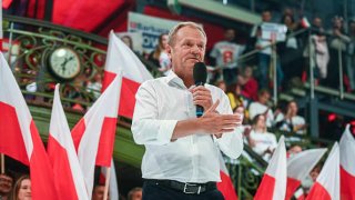 The Leader of Civic Coalition Party, Donald Tusk delivers a speech during the Women for Elections Campaign rally on October 10, 2023 in Lodz, Poland.