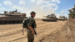 SDEROT, ISRAEL – OCTOBER 13: Israeli army take security measures as they deploy dozens of tanks and armored vehicles to the Gaza border area in Sderot, Israel on October 13, 2023. (Photo by Turgut Alp Boyraz/Anadolu via Getty Images)