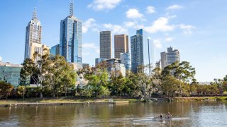 Melbourne city centre skyline alongside the Yarra River.