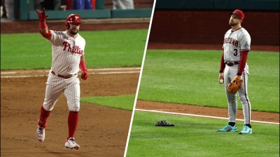 Bryce Harper stares down Orlando Arcia after hitting two home runs